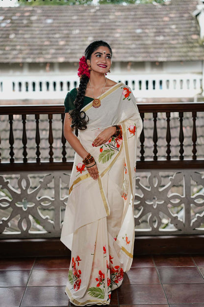 Offwhite Saree With Hanpainted Vaaga Poov