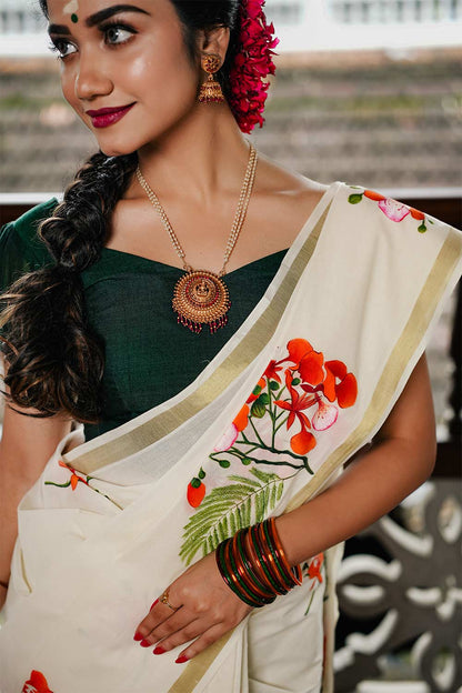 Offwhite Saree With Hanpainted Vaaga Poov