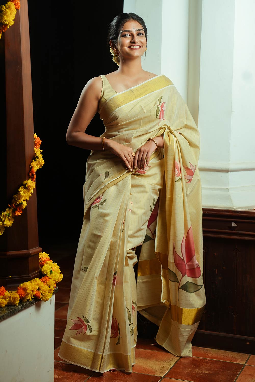 Golden Tissue Saree With Lotus Print