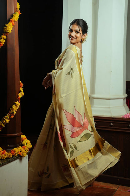 Golden Tissue Saree With Lotus Print