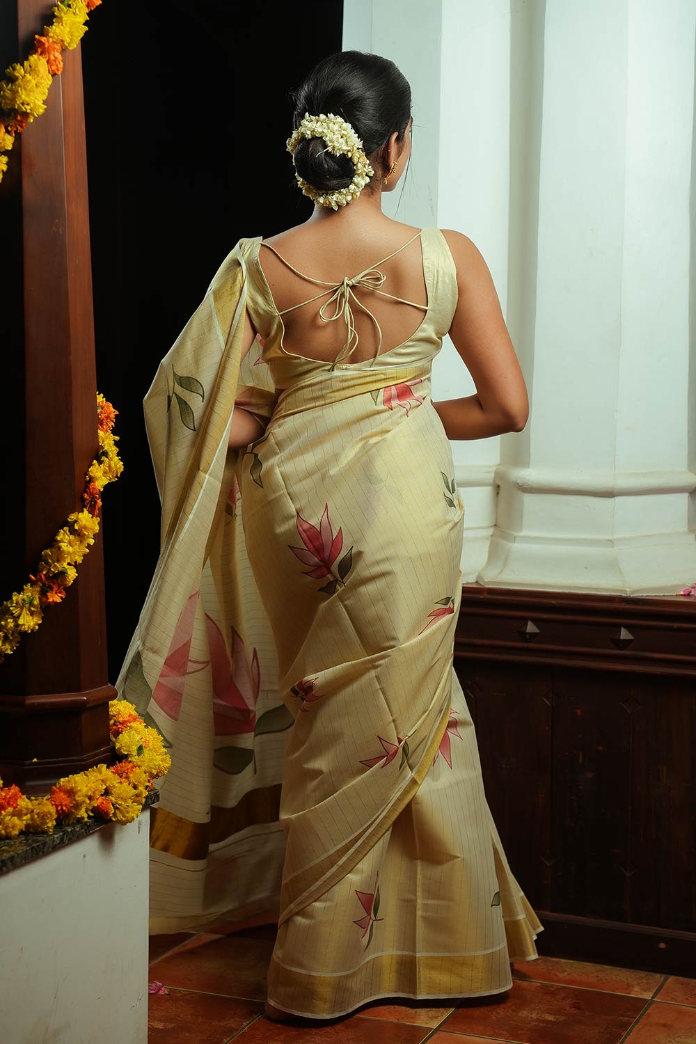 Golden Tissue Saree With Lotus Print