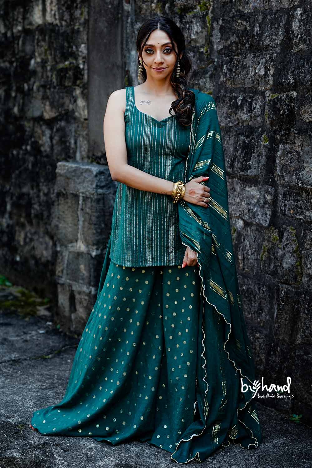 Dyed Green Lurex Kurthi Flared Pant With Duppatta