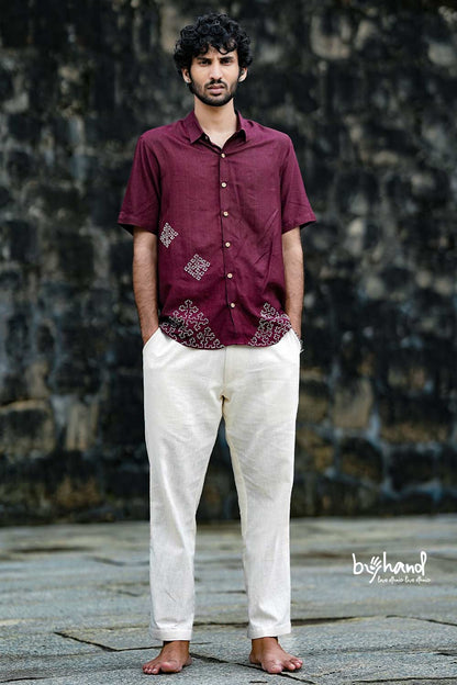 Slub Staple Maroon Shirt With Embroidery