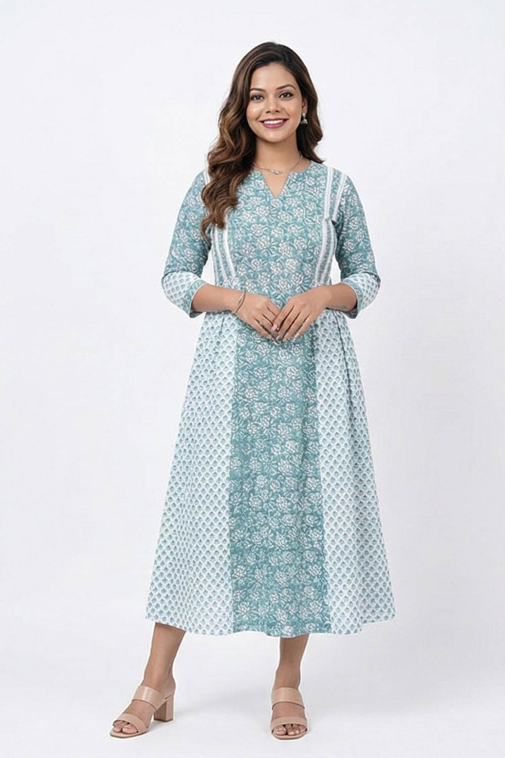 Sky Blue And Whit Sanganeri Aline Dress