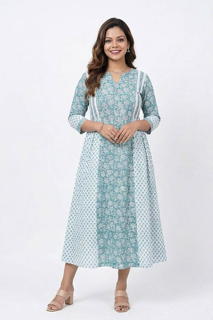 Sky Blue And Whit Sanganeri Aline Dress