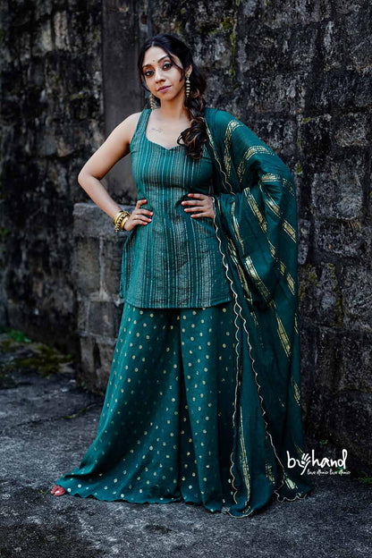 Dyed Green Lurex Kurthi Flared Pant With Duppatta