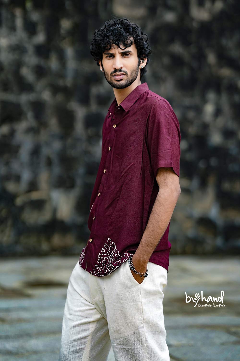 Slub Staple Maroon Shirt With Embroidery