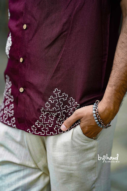 Slub Staple Maroon Shirt With Embroidery