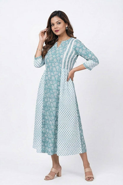 Sky Blue And Whit Sanganeri Aline Dress