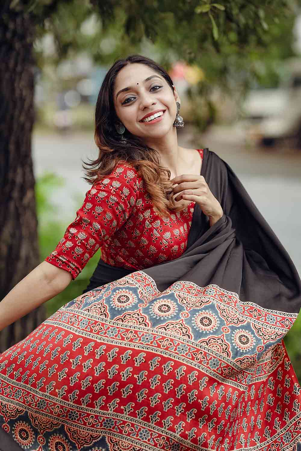 Black & Red Ajrakh Modal Silk Saree