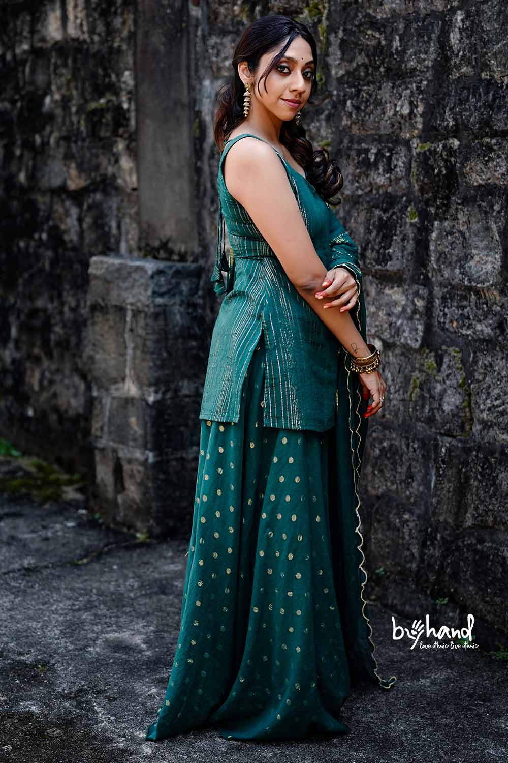 Dyed Green Lurex Kurthi Flared Pant With Duppatta