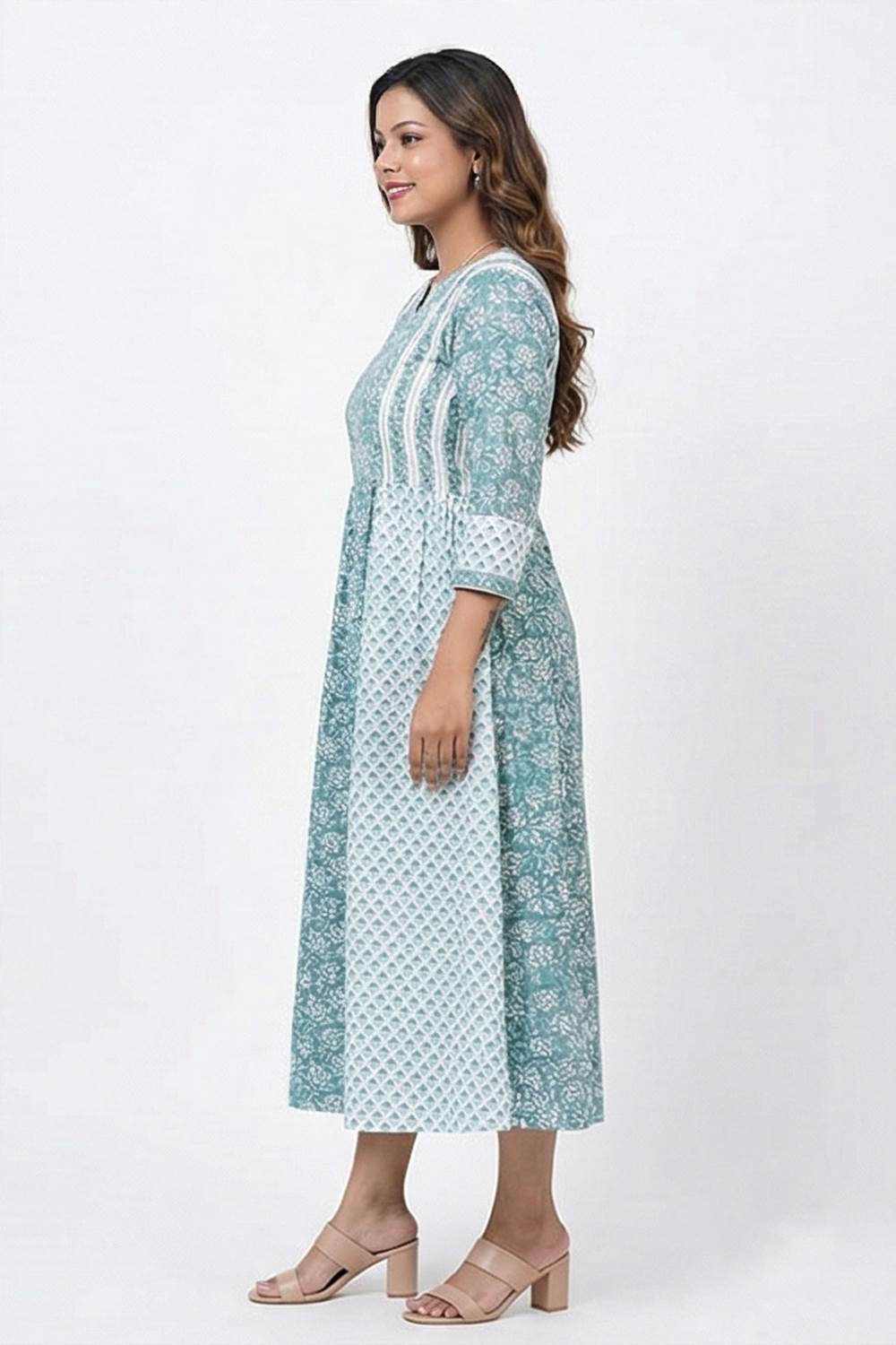 Sky Blue And Whit Sanganeri Aline Dress
