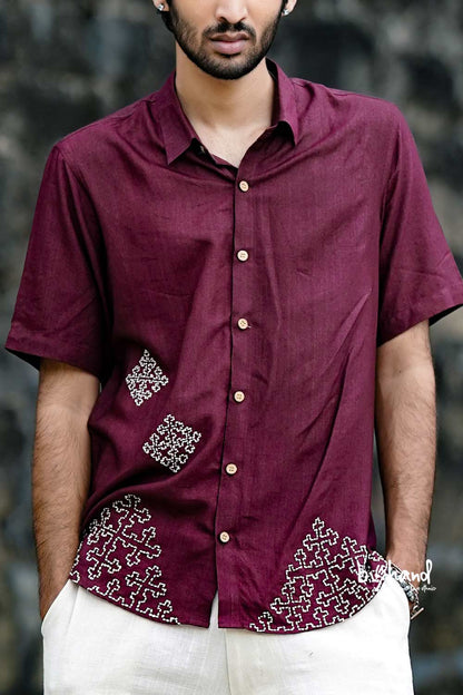 Slub Staple Maroon Shirt With Embroidery