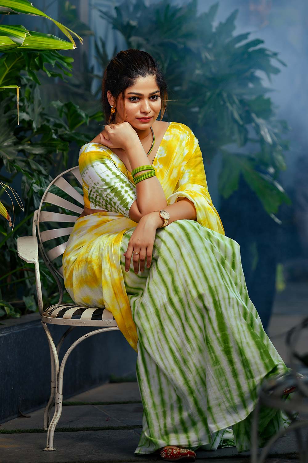 Shibori Tie & Dyed Mul mul cotton saree in yellow and green shades