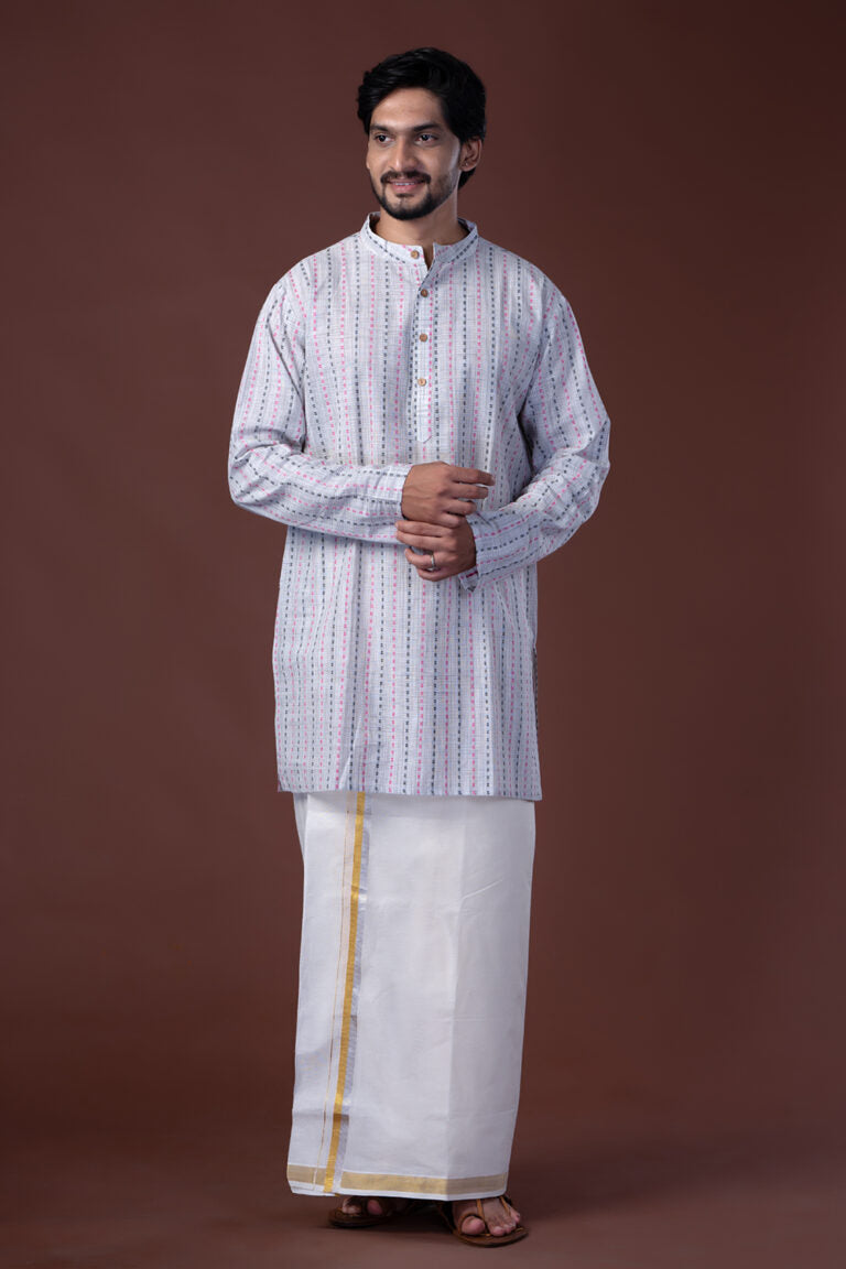 Multi Color Dobby Off White Mens Kurtha