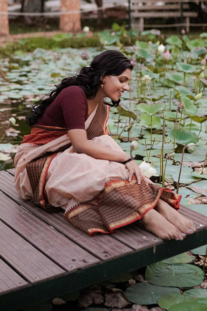 Light Taupe Narayanpet Saree with Brown Borders