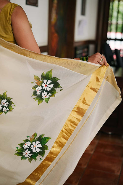 Offwhite Kerala Saree With Hanpainted Chembakam Poov