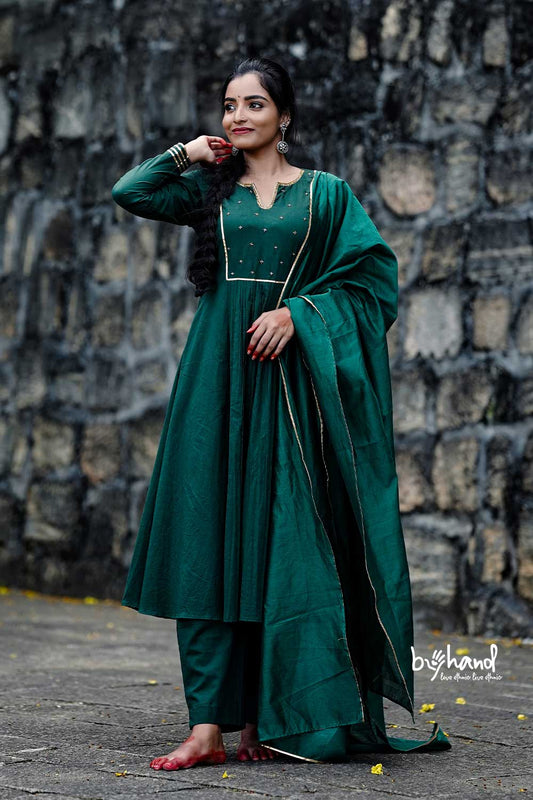 Mul Green Suit Set With Embroidery Neck