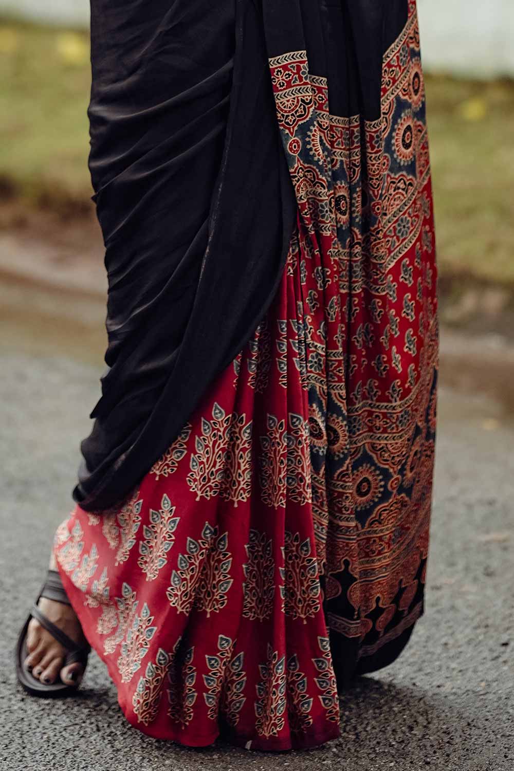 Black & Red Ajrakh Modal Silk Saree