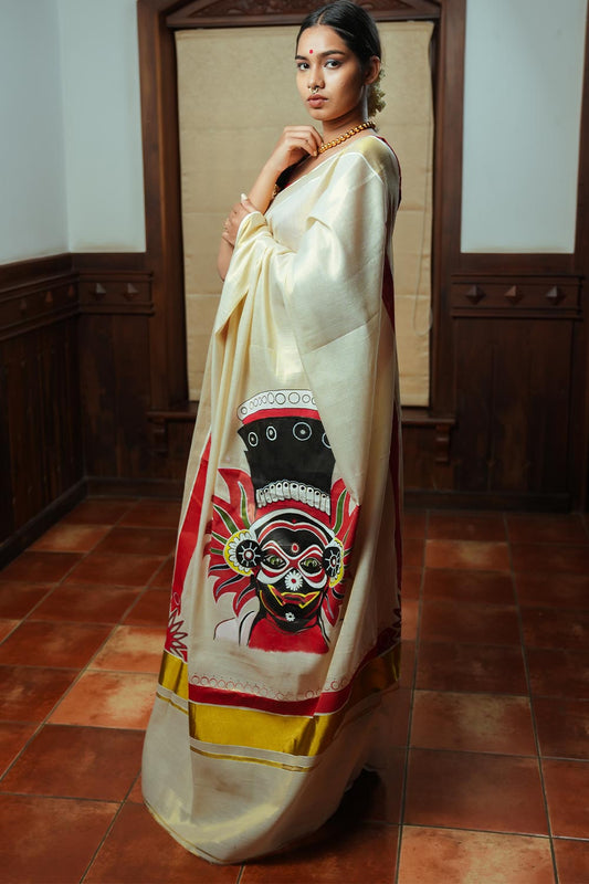 Offwhite Kathakali Handpainted Tissue Saree