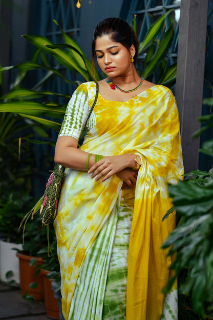 Shibori Tie & Dyed Mul mul cotton saree in yellow and green shades