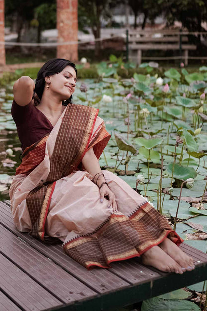 Light Taupe Narayanpet Saree with Brown Borders