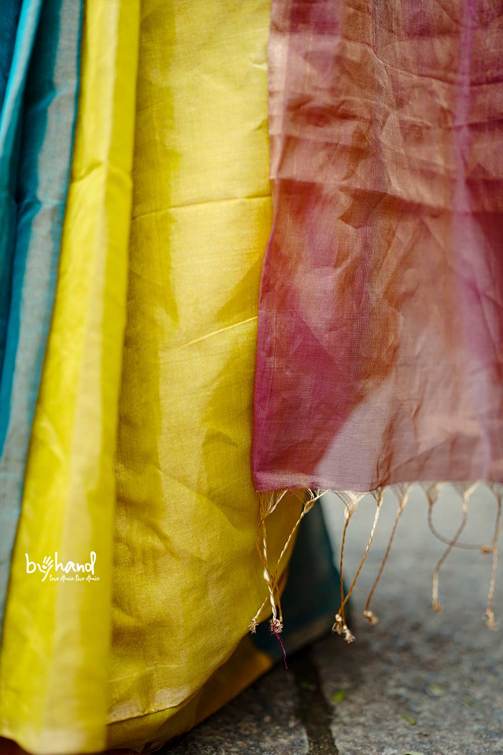 Golden Pink Double Color Tissue Saree with Tassels