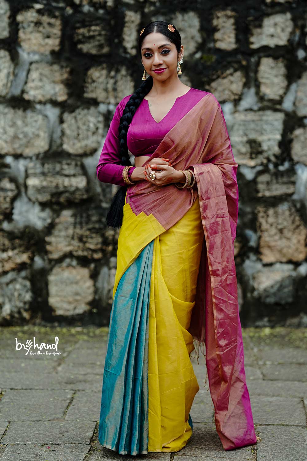 Golden Pink Double Color Tissue Saree with Tassels