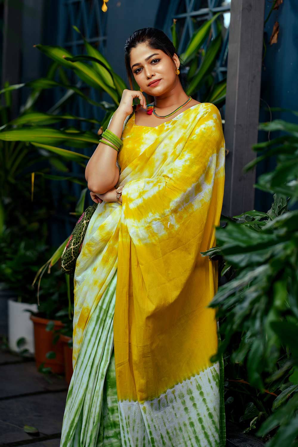 Shibori Tie & Dyed Mul mul cotton saree in yellow and green shades