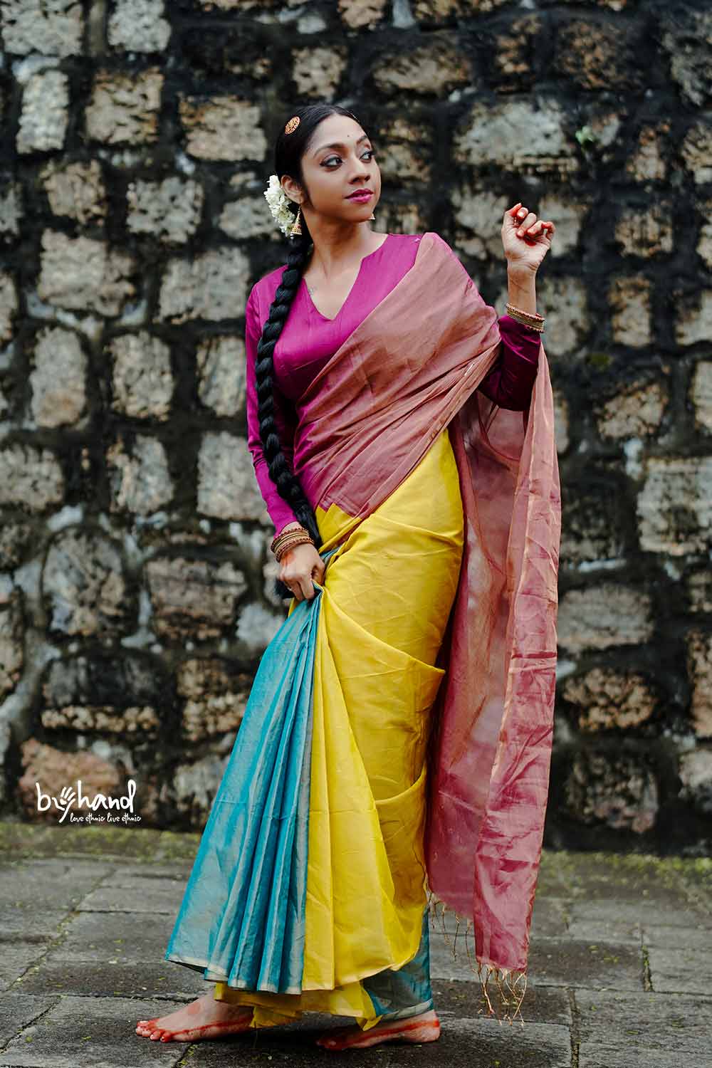 Golden Pink Double Color Tissue Saree with Tassels