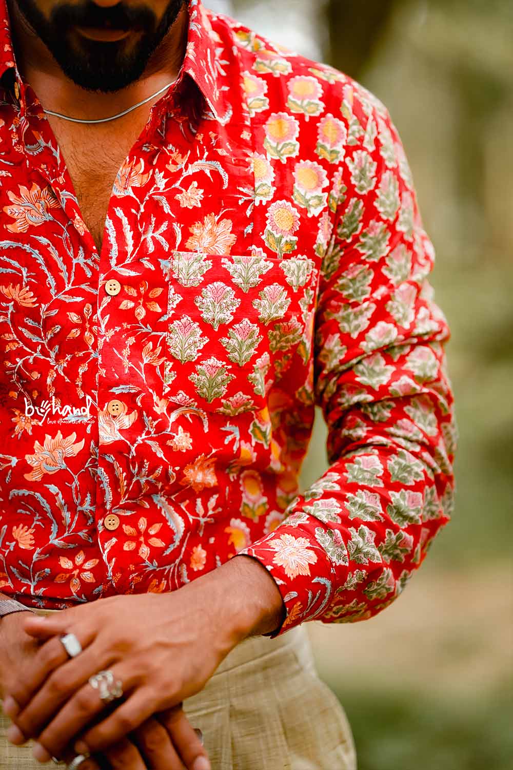 Red Base Sanganeri Patch Shirt