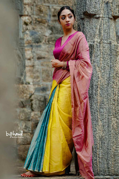 Golden Pink Double Color Tissue Saree with Tassels