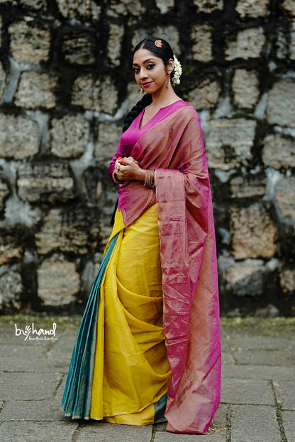 Golden Pink Double Color Tissue Saree with Tassels