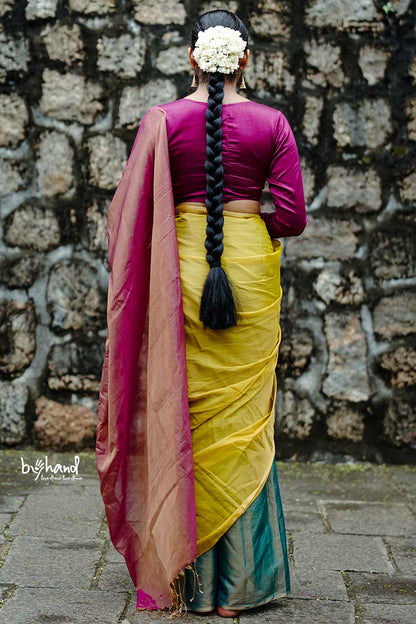 Golden Pink Double Color Tissue Saree with Tassels