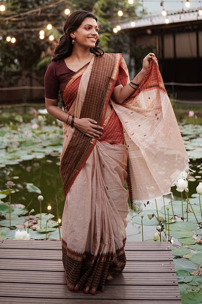 Light Taupe Narayanpet Saree with Brown Borders