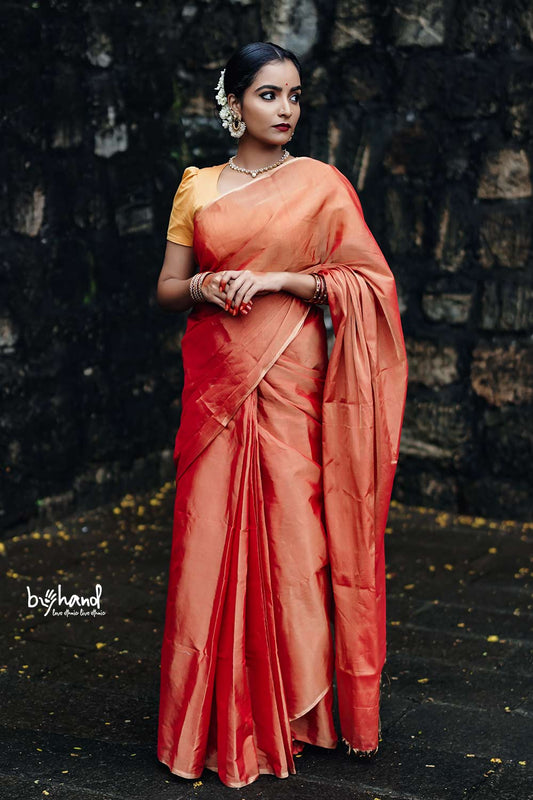 Golden Orange Double Color Tissue Saree with Tassels