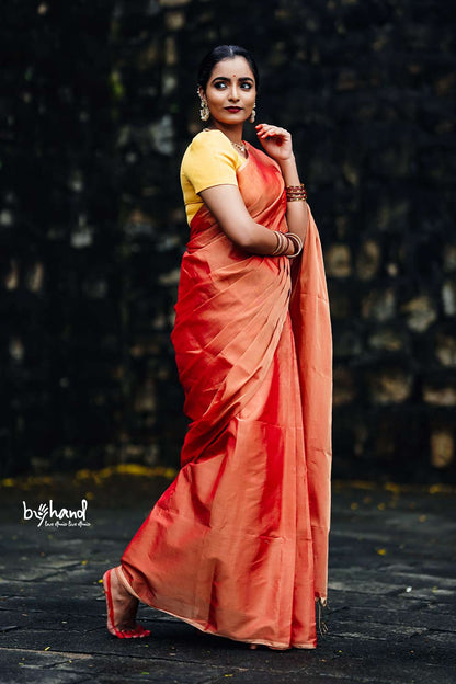 Golden Orange Double Color Tissue Saree with Tassels