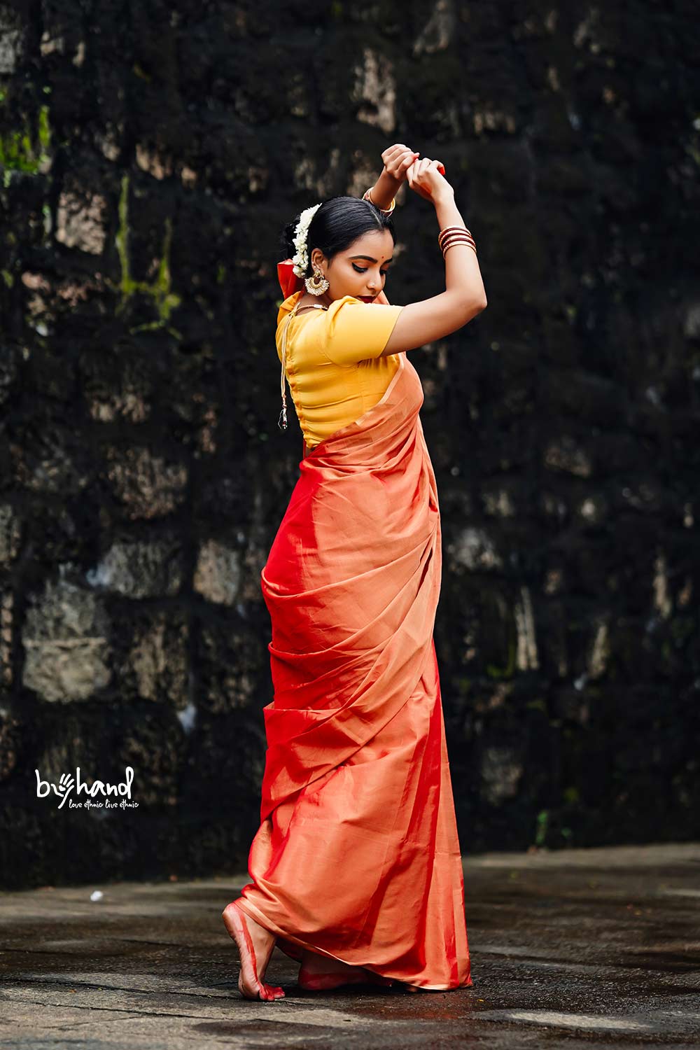 Golden Orange Double Color Tissue Saree with Tassels