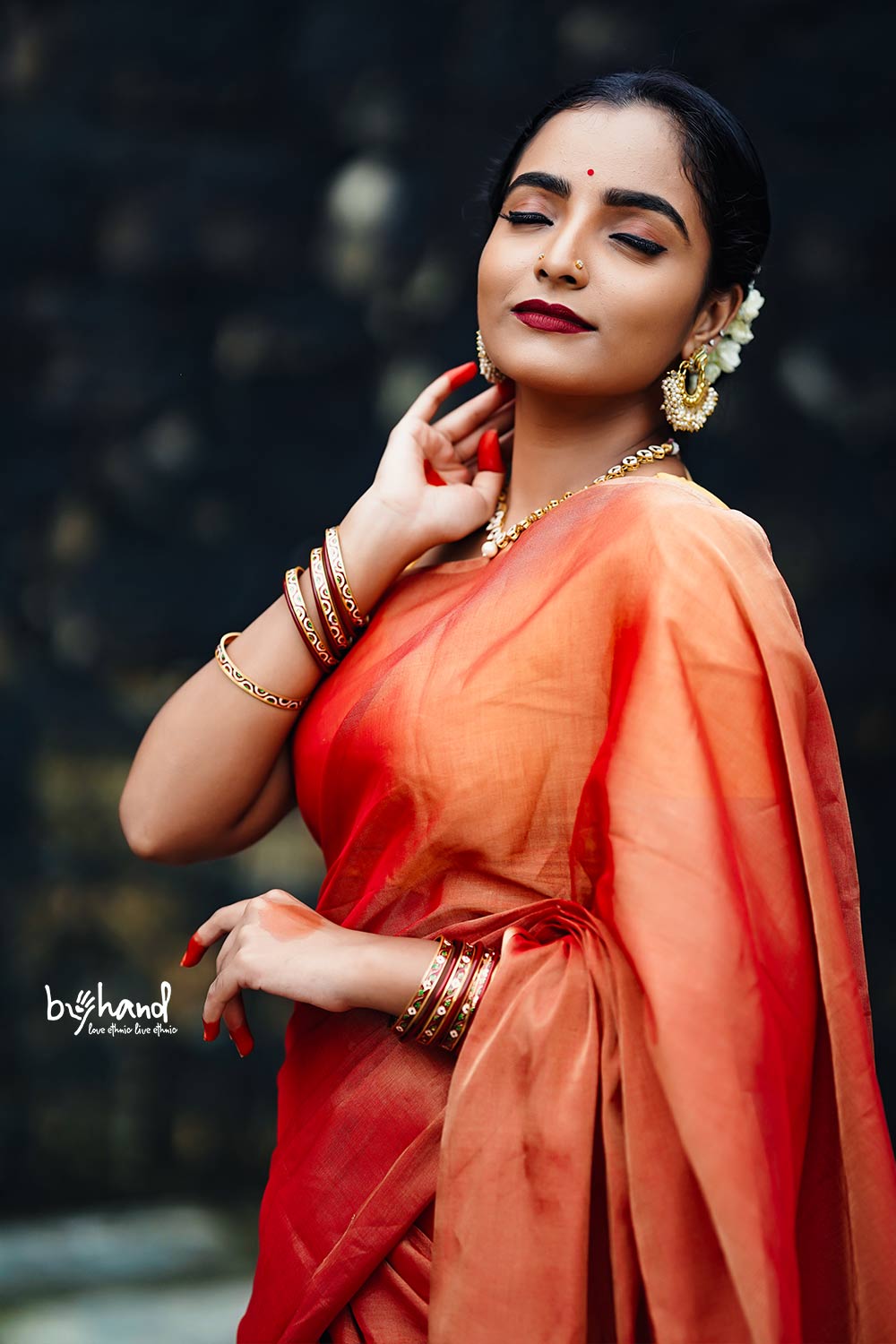 Golden Orange Double Color Tissue Saree with Tassels