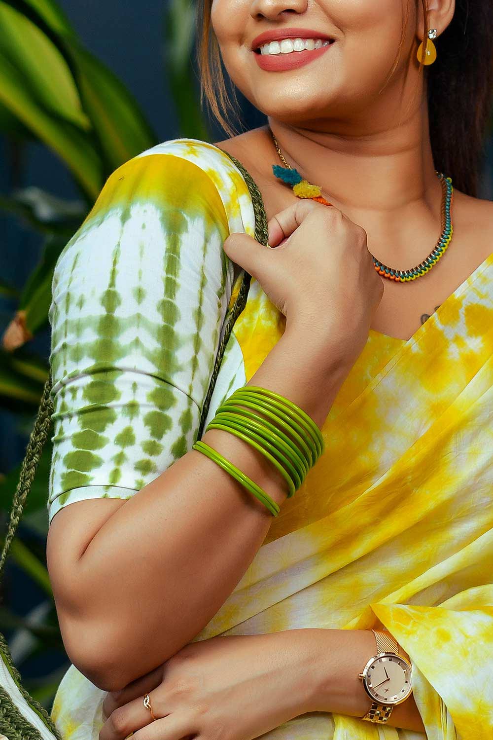 Shibori Tie & Dyed Mul mul cotton saree in yellow and green shades