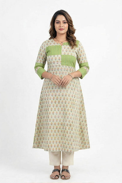 Green sanganeri Floral Aline kurthi