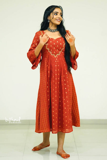 Red Base Golden Lurex Embroidery Yoke Dress