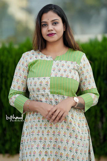 Green sanganeri Floral Aline kurthi