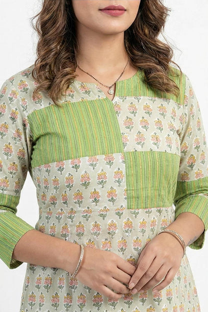 Green sanganeri Floral Aline kurthi