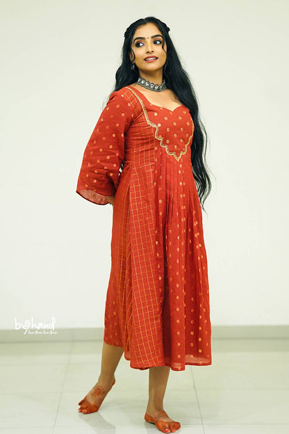 Red Base Golden Lurex Embroidery Yoke Dress