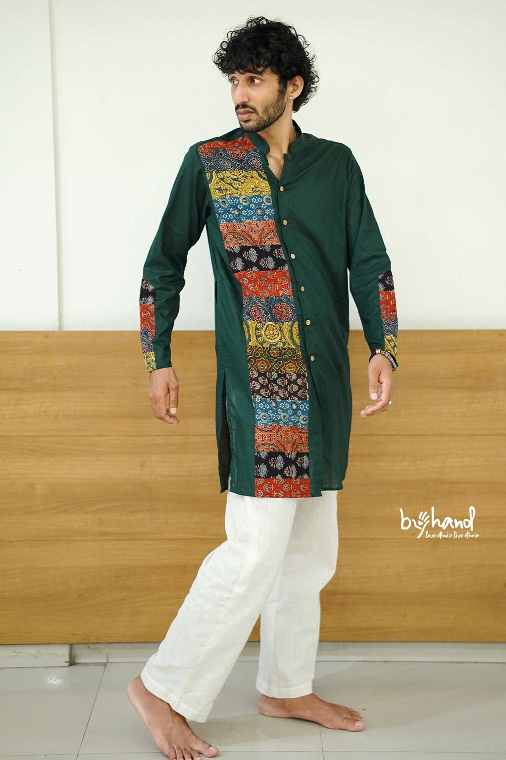 Mul Green Long Kurta with Patch One Side