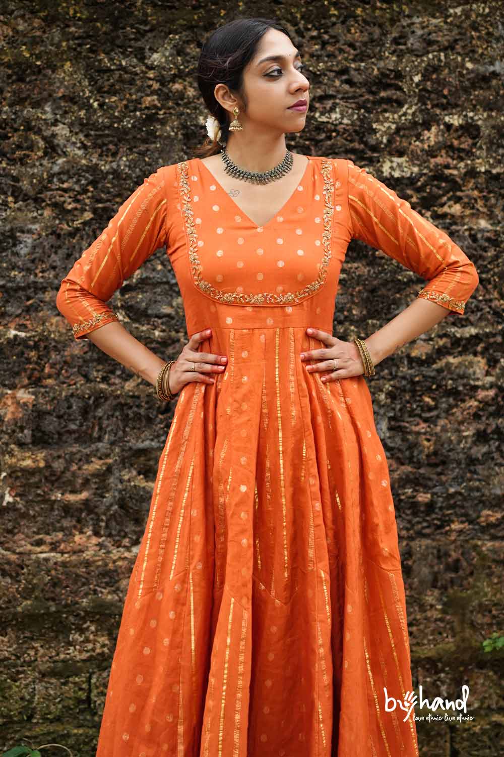 Red & Orange Base Anarkali With Dots&Strips