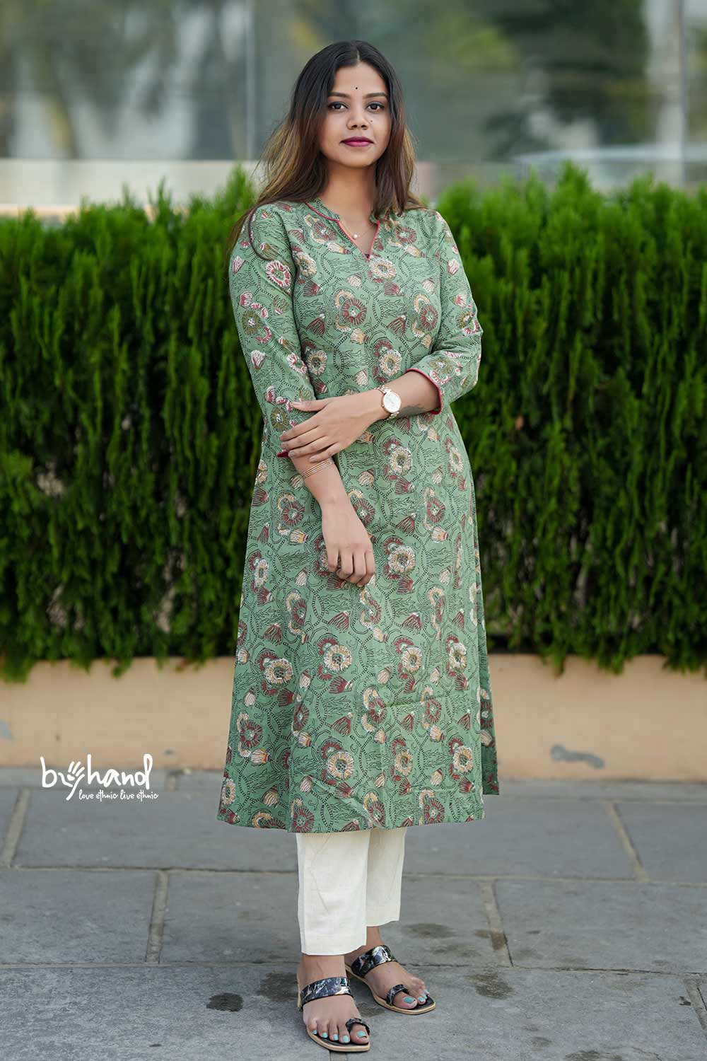 Green Base Red White Floral aline Kurti