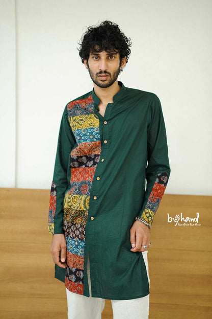 Mul Green Long Kurta with Patch One Side