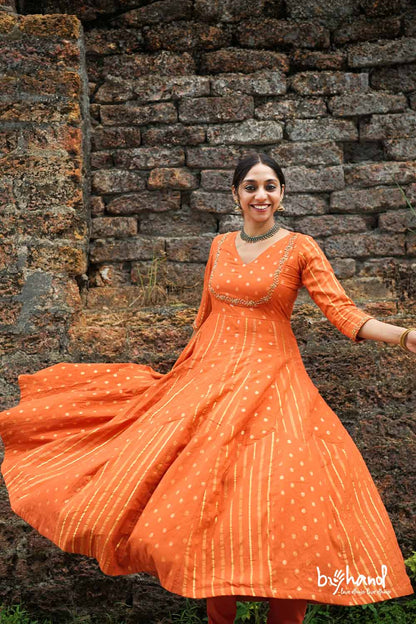 Red & Orange Base Anarkali With Dots&Strips